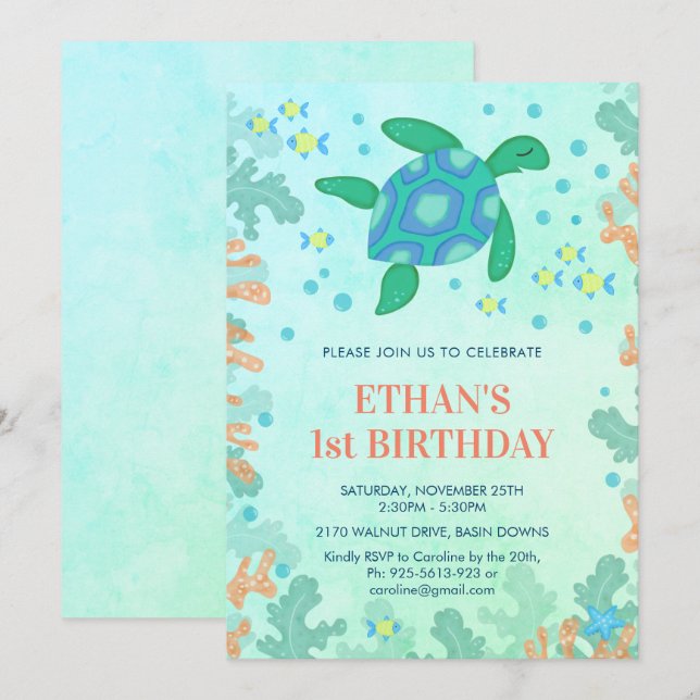 1:a födelsedagskalan under Sea Party Inbjudningar (Fram/baksida)