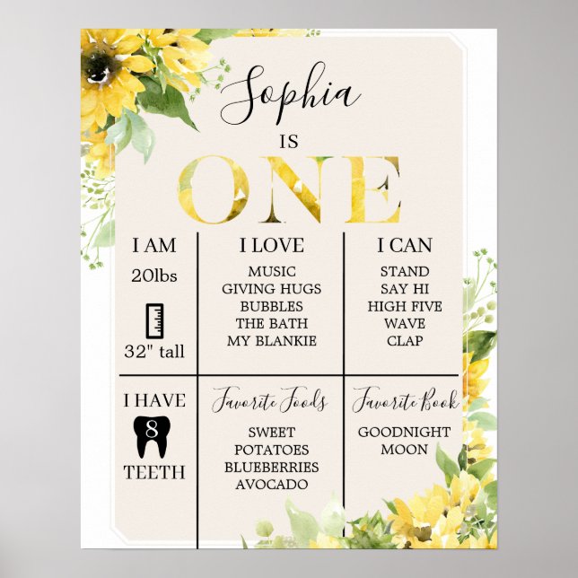 1:a födelsedagsmilstolpen Poster solros (Framsidan)