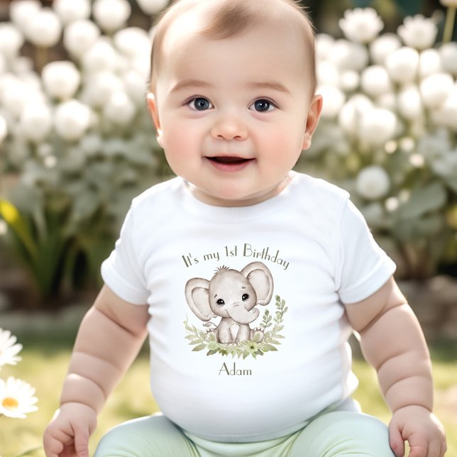 1:a födelsedagspojken Elephant Grönt Namn T Shirt (1st Birthday Boy Elephant Green Name Baby T-Shirt)