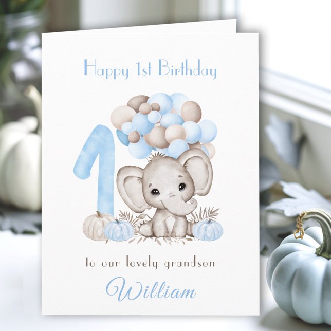 1:a födelsedagspojken Fall Pumpkin Elephant Balloo Kort (1st Birthday Boy Fall Pumpkin Elephant Balloons Card)