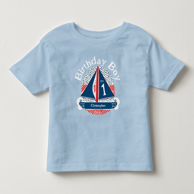 1:a födelsedagspojken Nautical Sailboat Mönster T Shirt (Framsida)