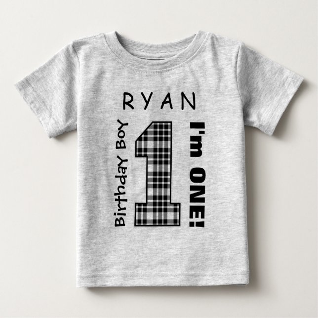 1:a födelsedagspojkens PLAID Ett års anpassat namn T-shirt (Framsida)