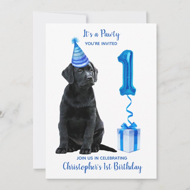1:a födelsedagspumpens tema Pawty-Cute Hund Blue B Inbjudningar (Framsida)
