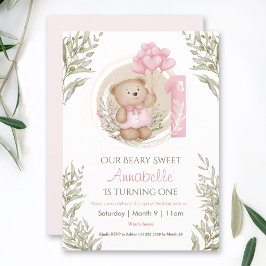 1:a födelsedagstidningen Cute Baby Bear Rosa Heart Inbjudningar