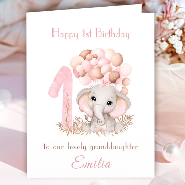 1:a födelsedagstidningen Girl Cute Elephant Balloa Kort (1st Birthday Girl Pink Cute Elephant Balloons Card)