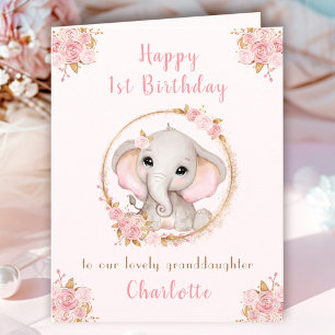 1:a födelsedagstjudets Rosa Cute Elephant Blommigt Kort