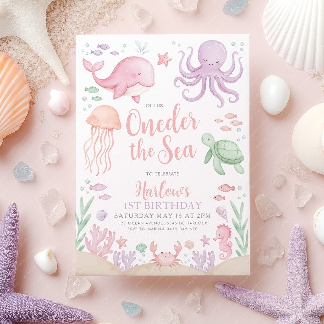 1:a födelsetalet i havet inbjudningar (Oneder the Sea Girl's 1st birthday invitation | Ocean animal theme in pink purple)