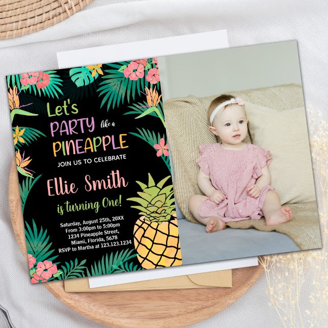 1:a Grönten med svart Orange Ananas med foto Inbjudningar (1st Black Orange Green Pineapple with photo Invitation)