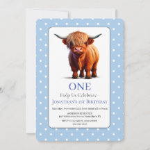 1:a Highland Cow Blå Födelsedagsinbjudan