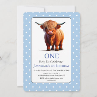 1:a Highland Cow Blå Födelsedagsinbjudan Inbjudningar