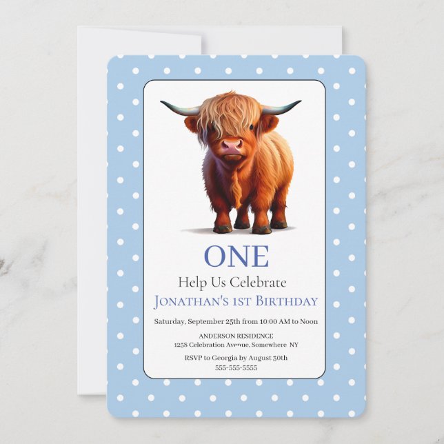 1:a Highland Cow Blå Födelsedagsinbjudan  Inbjudningar (Framsida)