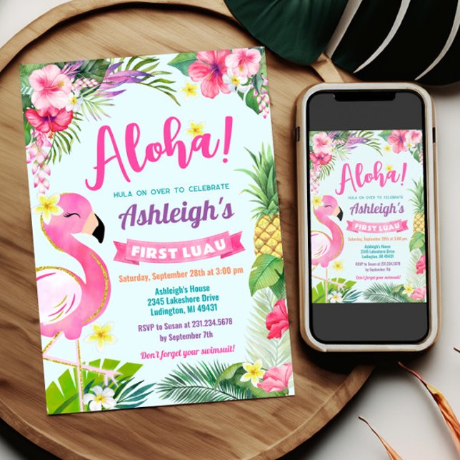 1:a inbjudan Luau Birthday Tropical Summer (1st Luau Birthday Invitation Template - Luau First Birthday - Tropical Birthday Theme)