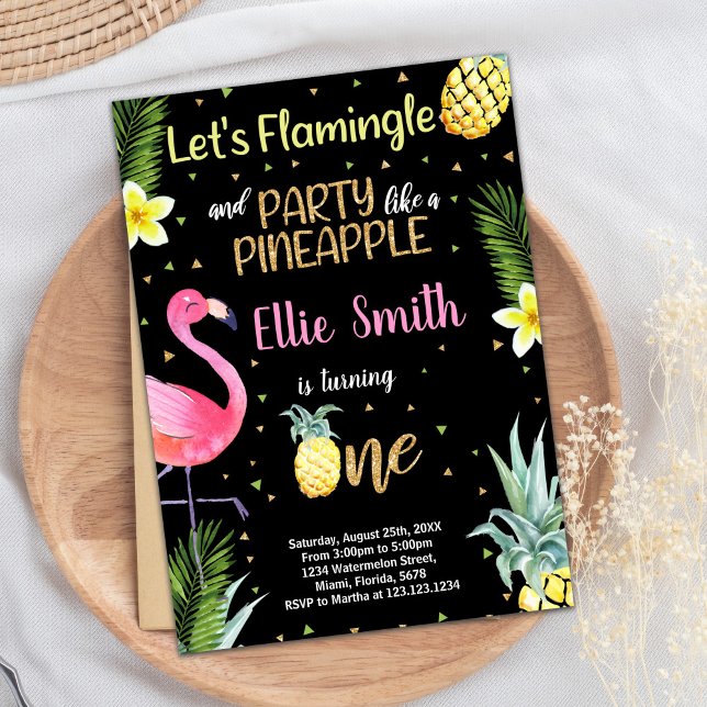 1:a inbjudan till ananas för svart Glitter-flaming (1st Black Glitter Flamingo Pineapple Invitations)