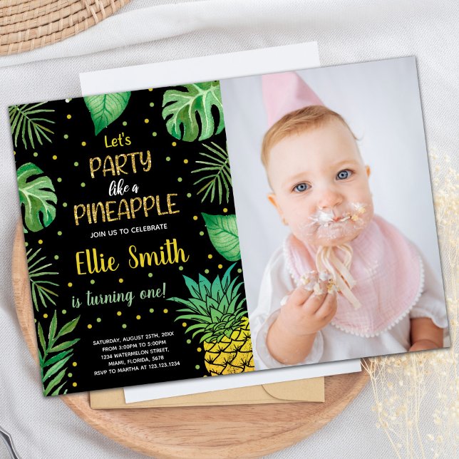 1:a inbjudan till ananas till svart Grönt med foto (1st Black Green Pineapple Invitations with photo)