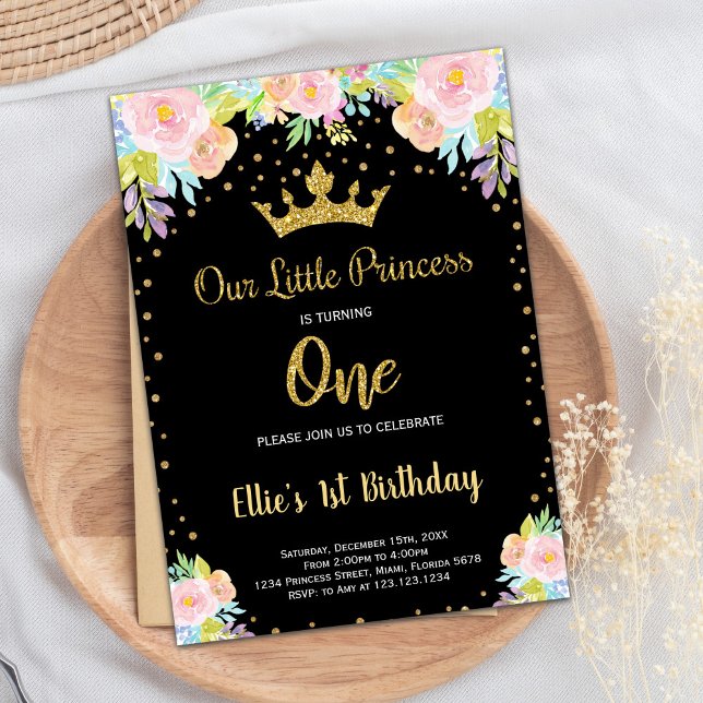 1:a inbjudan till Black Blommigt Princess Birthday (1st Black Floral Princess Birthday Invitation)