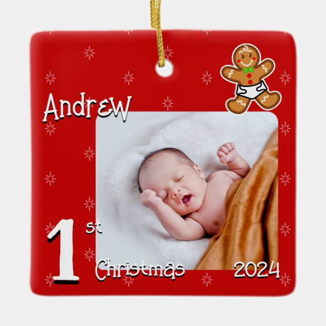 1:a Juldagen-Baby-Gingerbröd-Anpassningsbar-Röd Gr Julgransprydnad Keramik (Framsida)