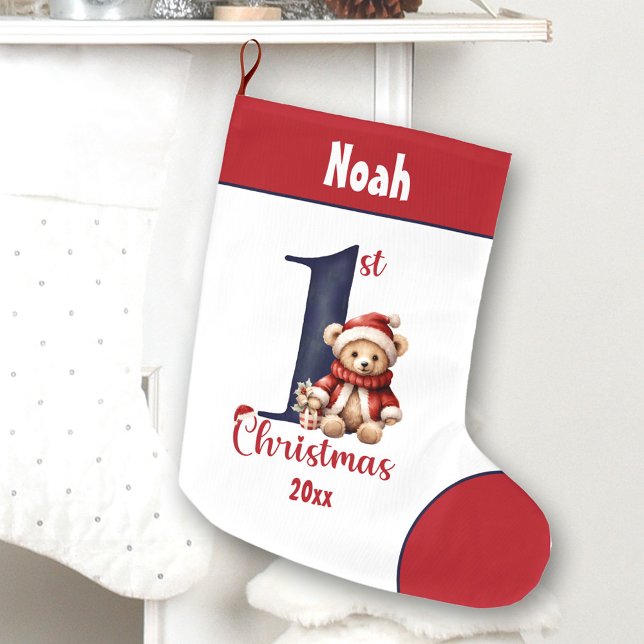 1:a juldagen Nalle Pojke flottan Röda Namn Stor Julstrumpa (1st Christmas Teddy Bear Baby Boy Navy Red Name Large Christmas Stocking)