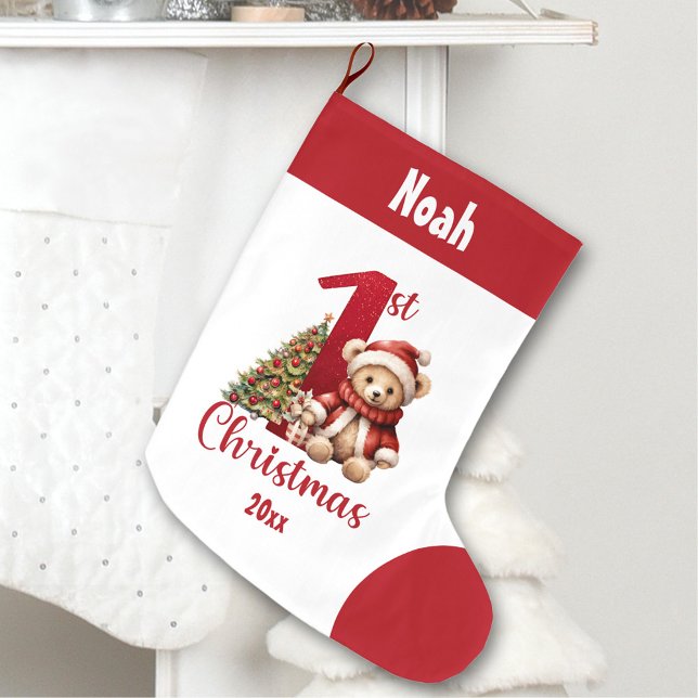 1:a juldagen Nalle Pojke Red Namn Stor Julstrumpa (1st Christmas Teddy Bear Baby Boy Red Name Large Christmas Stocking)