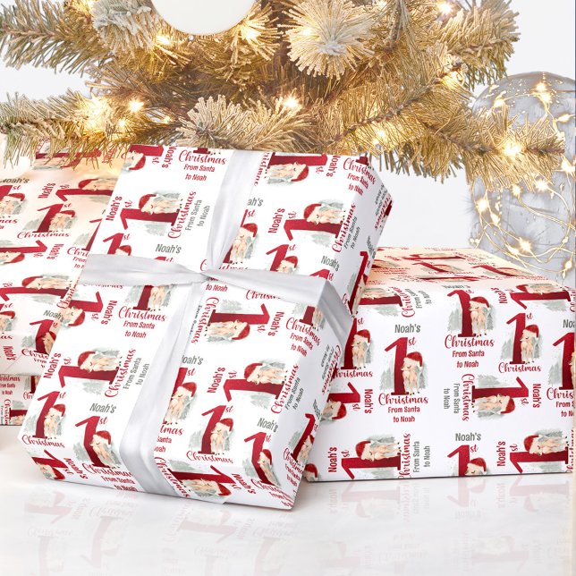 1:a juldagen Namn Santa Hat Red Number 1 Presentpapper (1st Christmas Deer Name Santa Hat Red Number One Wrapping Paper)