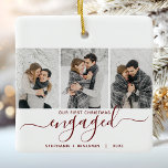 1:a julen - 3-foto-Burgundy-röda skript Julgransprydnad Keramik<br><div class="desc">Minneshögtidlighålla din förlovning med denna vackra, moderna keepsaksprydnad. Den brinnande röda texten lyder: "Vår första jul förlovad", med ord "upptagen" i handskriftsskript för elegant med blomning före och efter. Byt ut de tre exemplen bilder mot dina favoritfoton på lodrät och lägg till namn och året i burgundtext på en vit...</div>