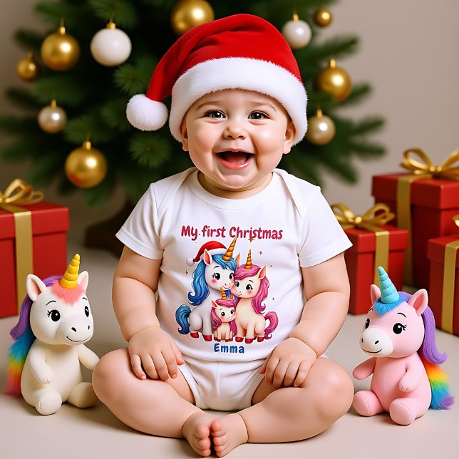 🎄1:a julen, anpassad text, Enhörningar & Mistel T Shirt (🎄1st Christmas, custom text, Unicorns & Mistletoe Baby Bodysuit)
