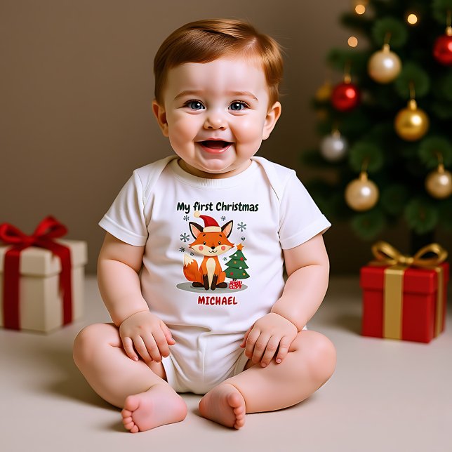 🎄1:a julen, anpassad text, Festive Fox Trot T Shirt (1st Christmas, custom text, Festive Fox Trot Baby Bodysuit)