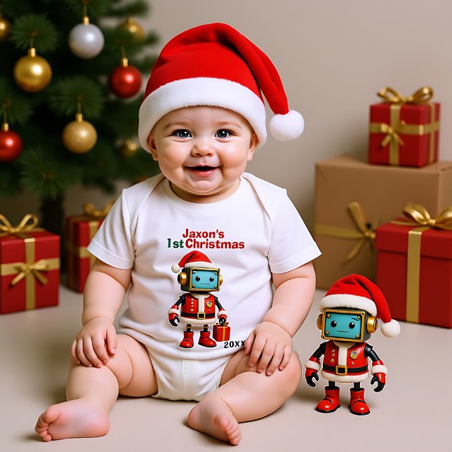 🎄1:a julen, anpassad text, Santa-Bot släde T Shirt (🎄1st Christmas, custom text, Santa-Bot Sleighs Baby Bodysuit)