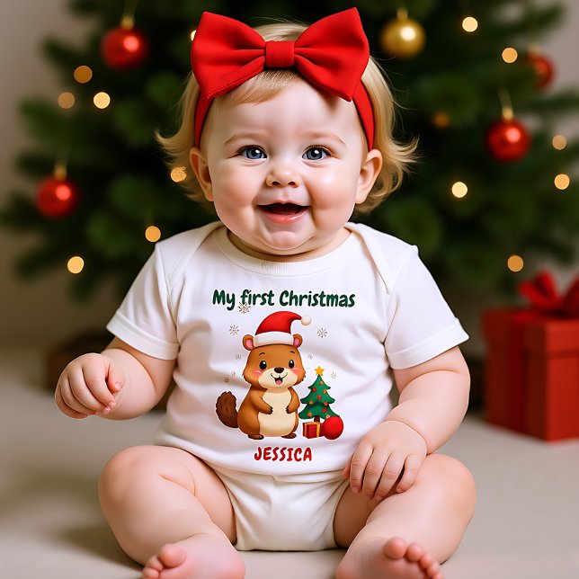 🎄1:a julen, anpassad text, Träd-ande Debut T Shirt (1st Christmas, custom text, Festive Fox Trot Baby Bodysuit)