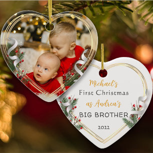 1:a julfoto vid storebror Kärlek Guld Ram Julgransprydnad Keramik