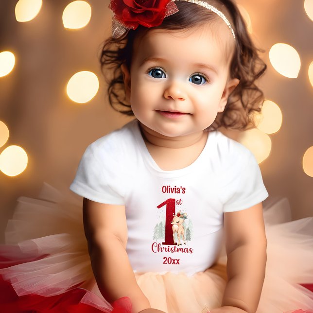 1:a julgräddningen Hjort Forest Namn Girl T Shirt (1st Christmas Cute Deer Forest Girl Name Baby T-Shirt)