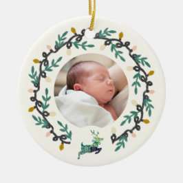 1:a julhjorten med krans teal kräm julgransprydnad keramik