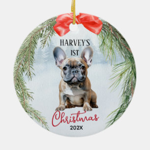1:a julhunden Frenchie Fransk Bulldog Julgransprydnad Keramik