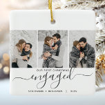 1:a julklappen - 3 fotokollage Grått-skript Julgransprydnad Keramik<br><div class="desc">Minneshögtidlighålla din förlovning med denna vackra,  moderna keepsaksprydnad. Gråttet lyder: "Vår första jul förlovad",  med ord "förlovad" i handskriftsskript i elegant med blomning före och efter. Byt ut de tre exemplen bilder med dina favoritfoton på lodrät och lägg till namn och året.</div>