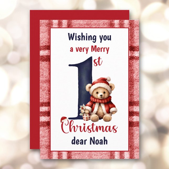 1:a julklappen Pojke Red Blue Nalle Julkort (1st Christmas Cute Teddy Bear Baby Boy Red Blue Holiday Card)