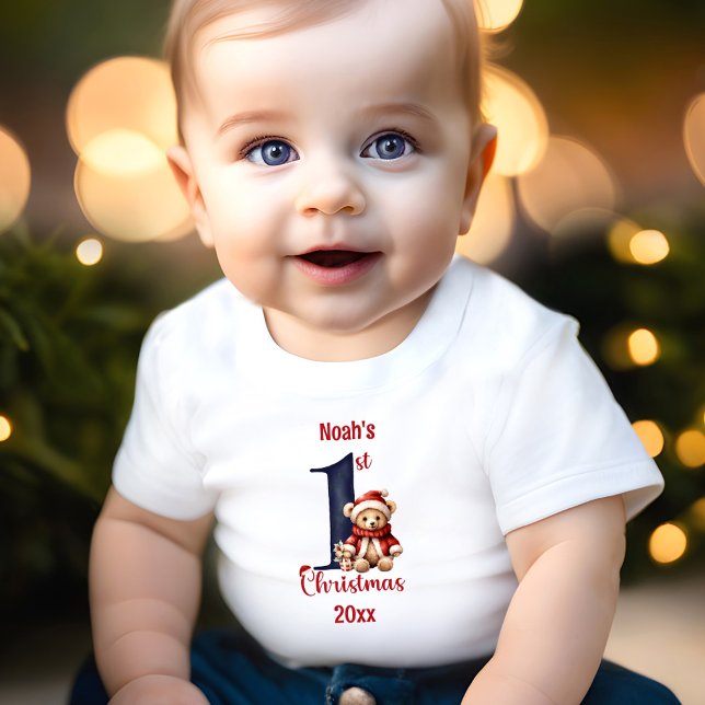 1:a julklappen Pojke Red Blue Nalle T Shirt (1st Christmas Cute Teddy Bear Baby Boy Red Blue Baby T-Shirt)