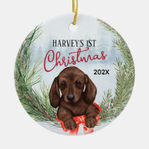 1:a julkrans Chocolate Brown Dachshund Valp Julgransprydnad Keramik