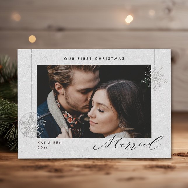 1:a jultomten i vita miniatyrbilder Modern foto Julkort (christmas card first married couple glitter sparkle modern minimalist snowflake white winter)
