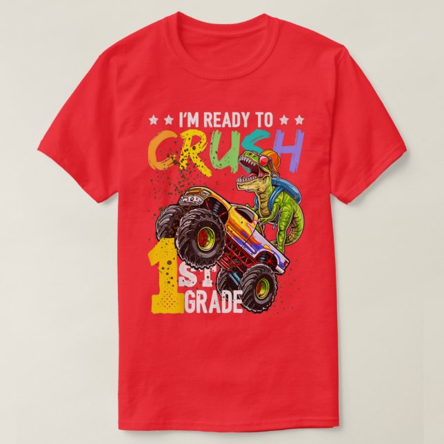1:a Klass Dinosaur Monster Lastbil Back to school  T Shirt (Design framsida)