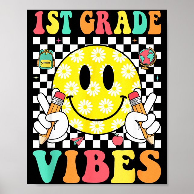 1:a klass vibbar retro leende ansikte lärare barn  poster (Framsidan)