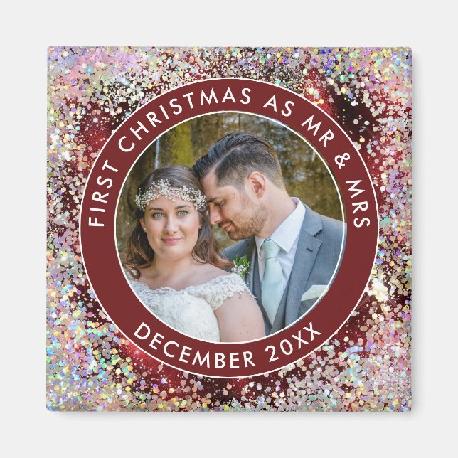 1:a marristen jul Glitter Photo Namn Burgundy Magnet (Framsidan)