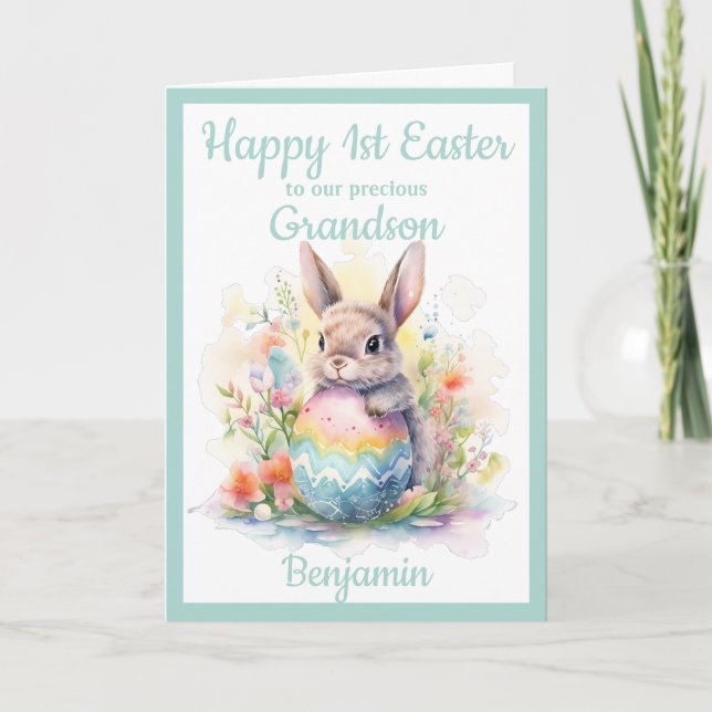 1:a Påsk Grandson Bunny Egg Blue Helgkort (Framsida)