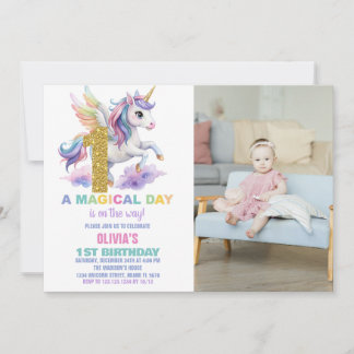 1:a Rainbow Unicorn Birthday-inbjudan med foto Inbjudningar