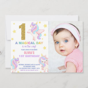 1:a Rainbow Unicorn Birthday-inbjudan med foto Inbjudningar
