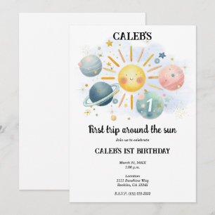 1:a resan runt solen Pastell akvarell 1 födelsedag Inbjudningar