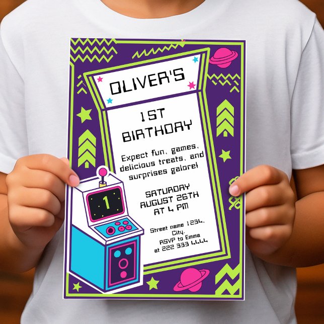 1:a Retro Arcade Födelsedagsfirande Inbjudan (Skapare uppladdad)