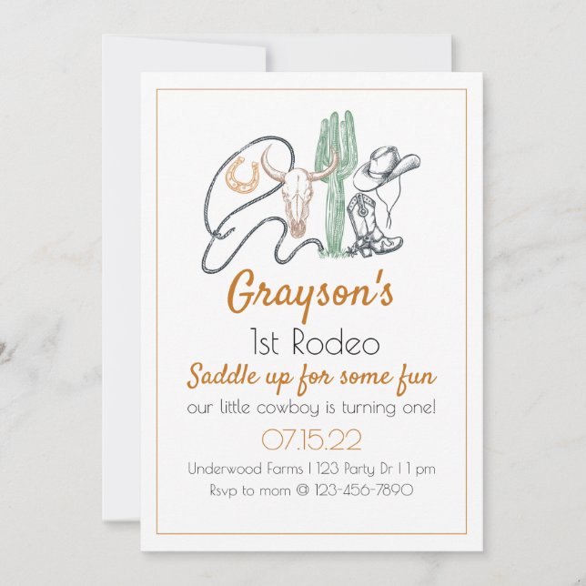 1:a Rodeo, första rodeo-födelsedagen, Cowboy Birth Inbjudningar (Framsida)