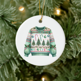 1:a Ställe Vinnare Ugly Sweater Tävling Grönt Rosa Julgransprydnad Keramik