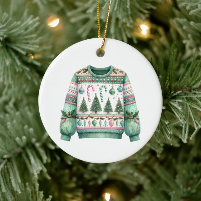 1:a Ställe Vinnare Ugly Sweater Tävling Grönt Rosa Julgransprydnad Keramik (Träd)
