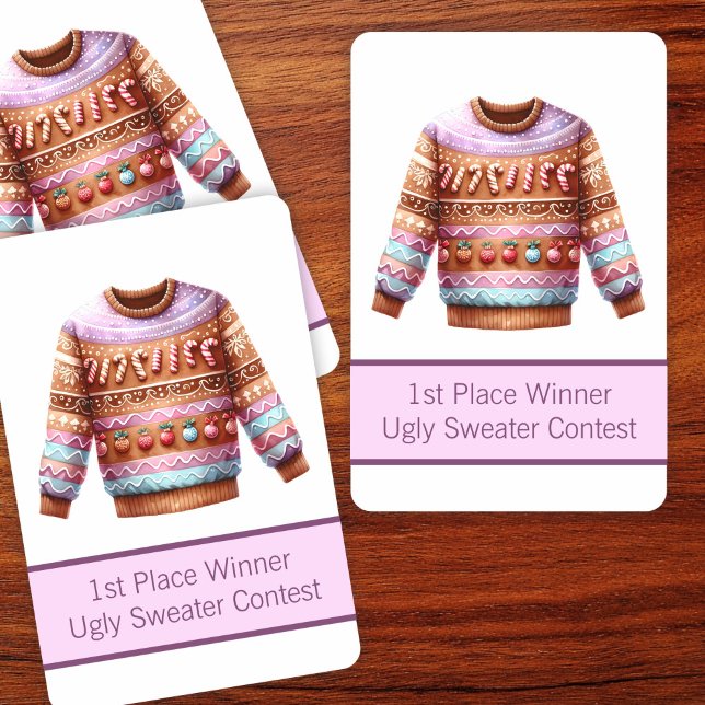 1:a Ställe Vinnare Ugly Sweater Tävling Rosa Lila Casinokort (Skapare uppladdad)