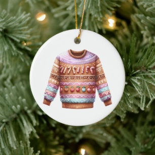 1:a Ställe Vinnare Ugly Sweater Tävling Rosa Lila Julgransprydnad Keramik